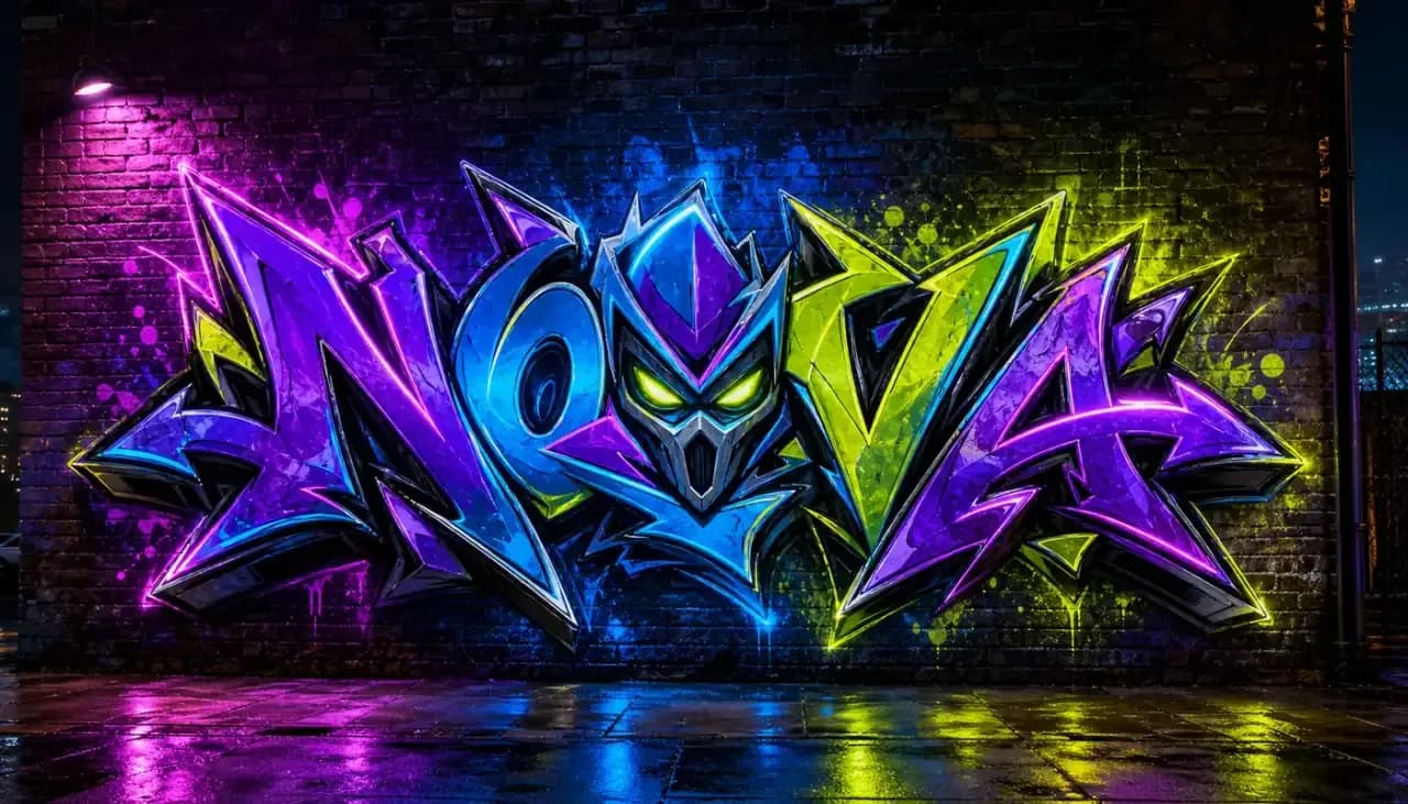 Bubble graffiti wall with RUSH lettering and an original cartoon face in the letters
