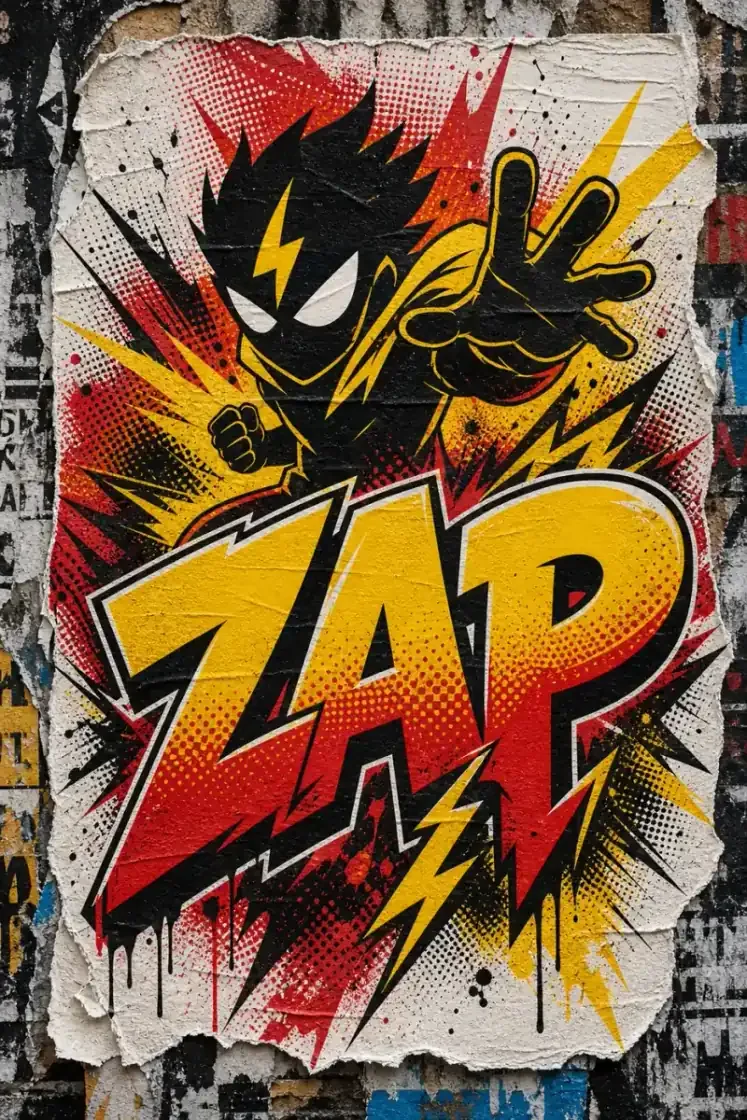 Comic-style graffiti poster with action lettering and fictional hero silhouette