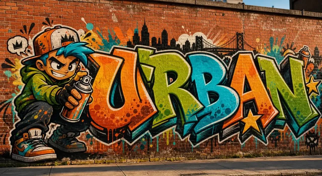 Skateboard deck with SKATE graffiti lettering and an original skater character graphic