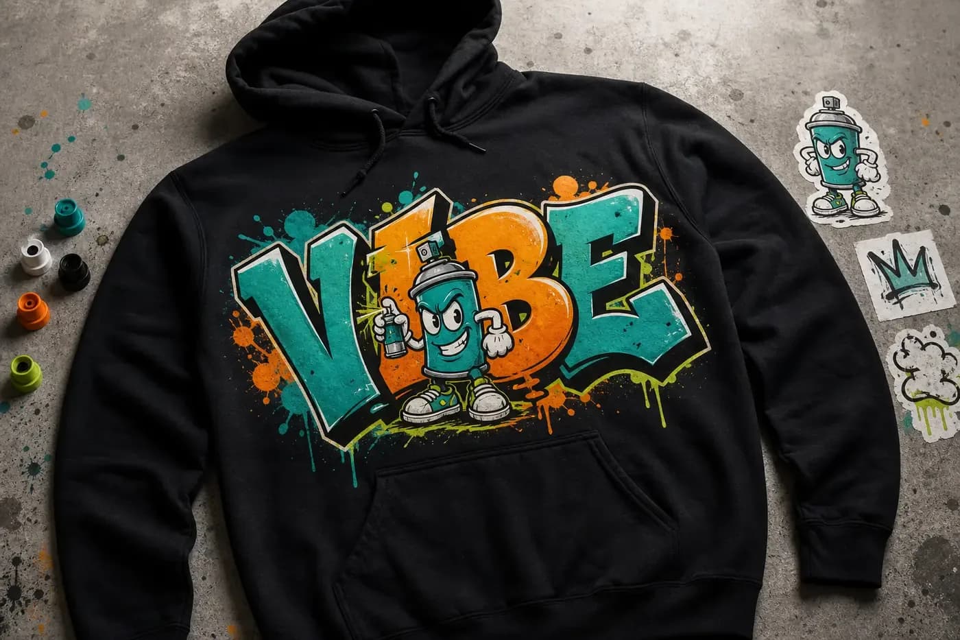 Streetwear hoodie mockup with VIBE graffiti lettering and an original spray-can character