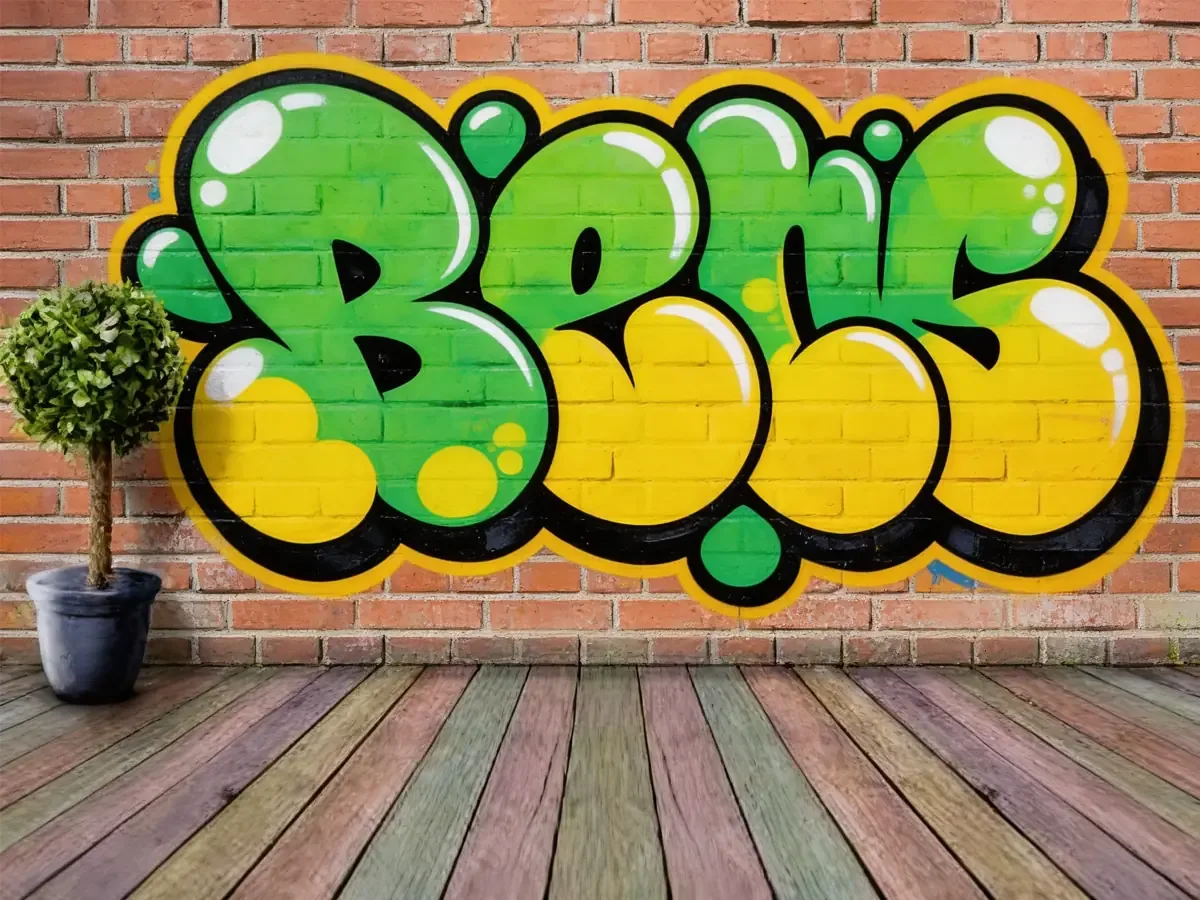 Bubble-letter graffiti design preview on a brick wall