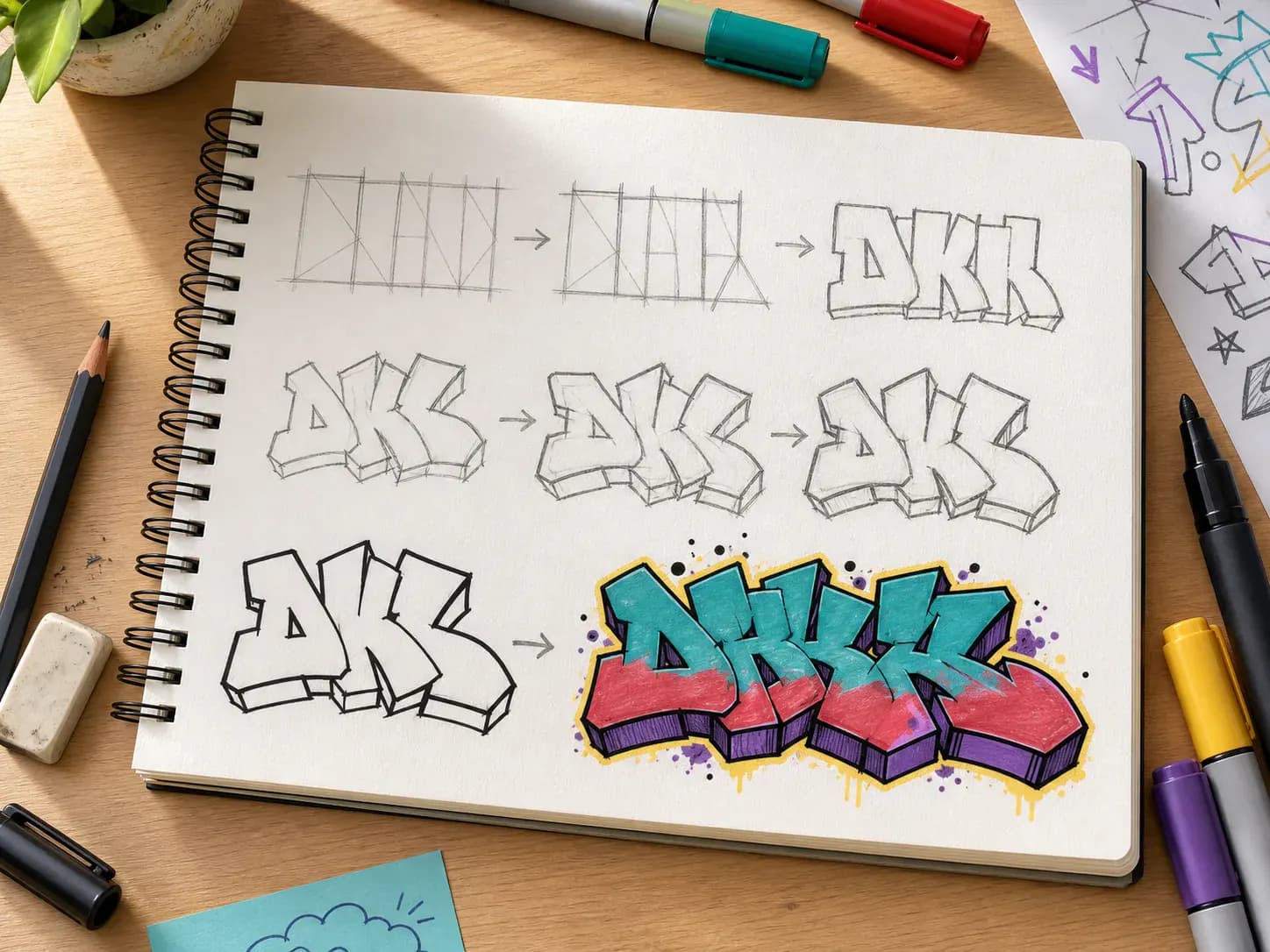 Sketchbook tutorial showing a beginner graffiti drawing from pencil structure to colored letters