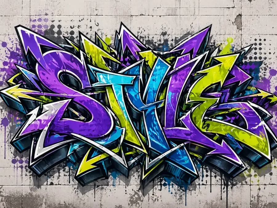Colorful wildstyle graffiti lettering with arrows and layered outlines