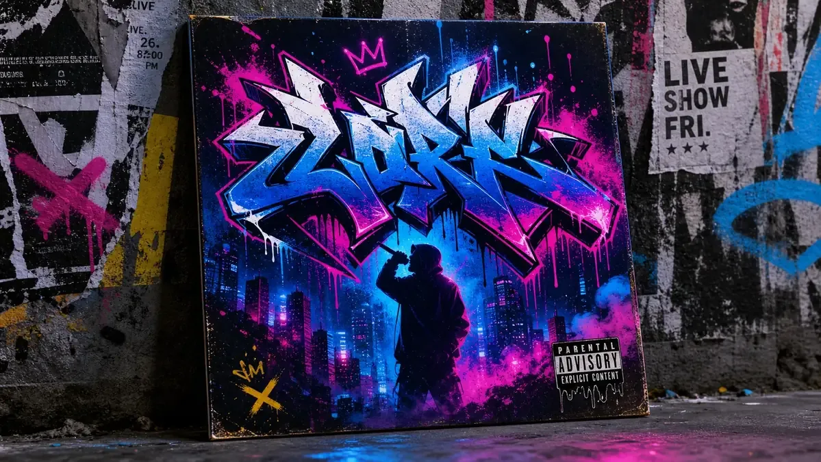 Neon graffiti album cover concept on an urban poster wall