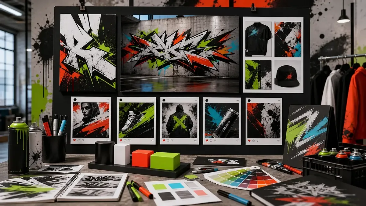 Graffiti-inspired brand campaign moodboard with color swatches