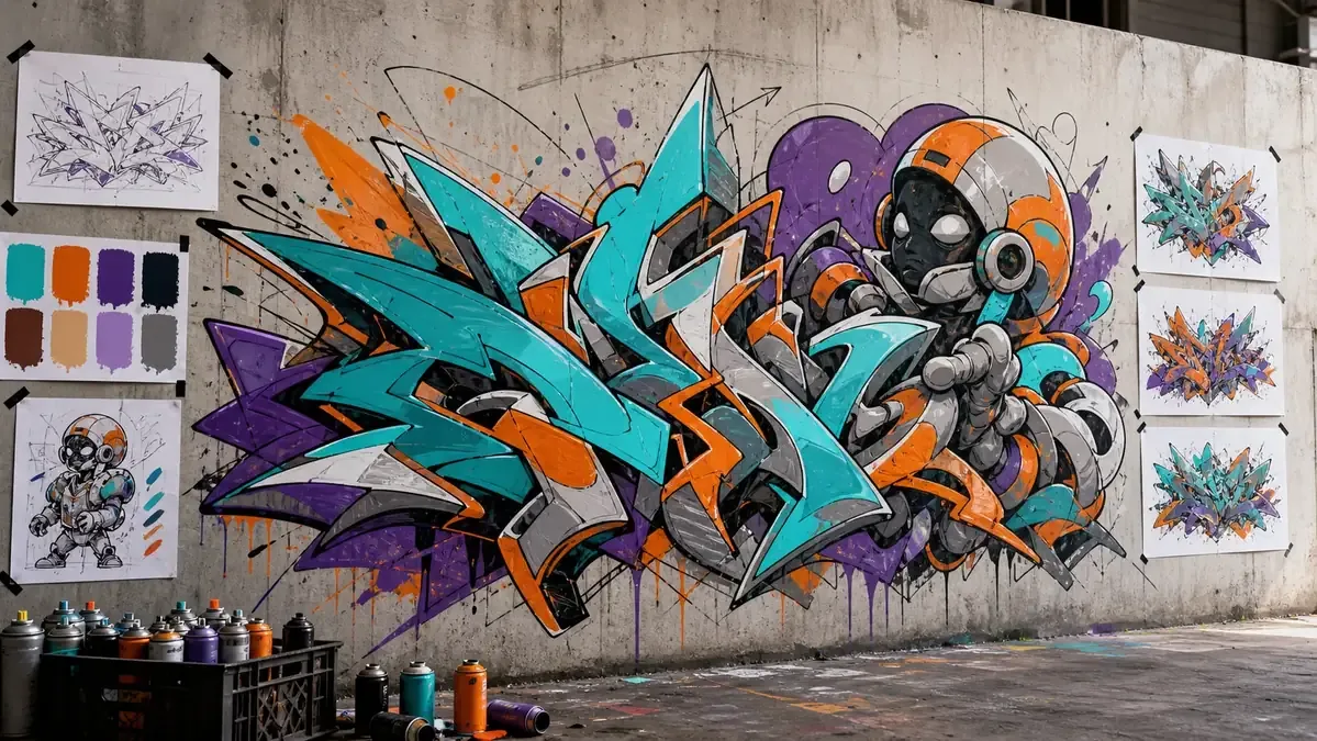 Large graffiti mural concept with character art and color studies