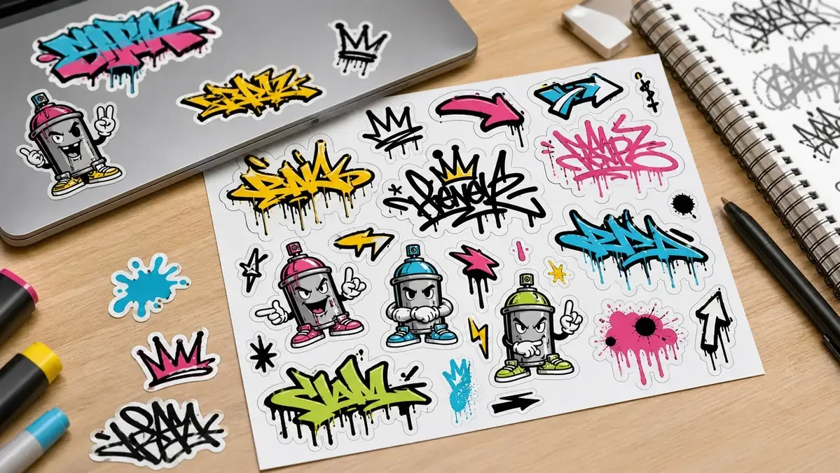 Sticker sheet with handstyle graffiti tags and mascot decals