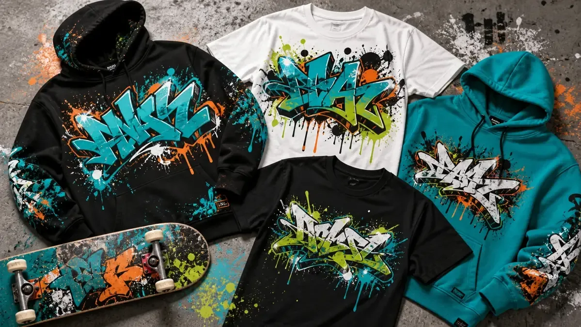 Streetwear mockup with graffiti artwork on hoodies, tees, and a skate deck